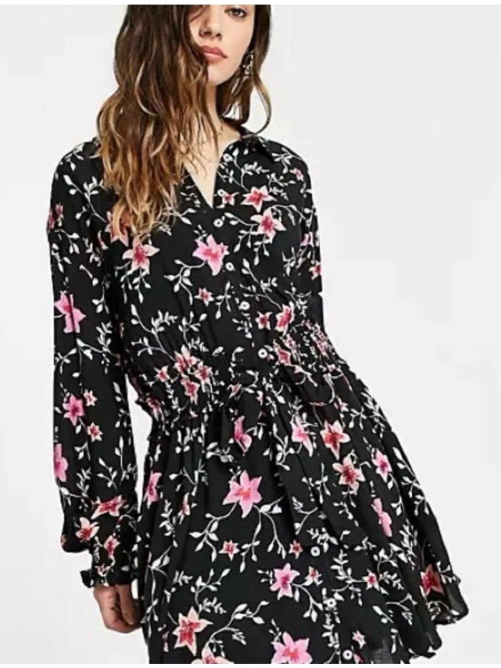 Free People Lighten Up Mini Dress Black Pink Floral Button Front Boho Smocked XS